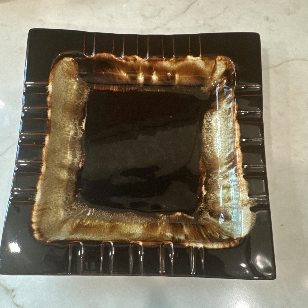 Vintage Pfaltzgraff Brown Drip Glaze Ceramic Ashtray 8"x 8" Square Mid‎ Century